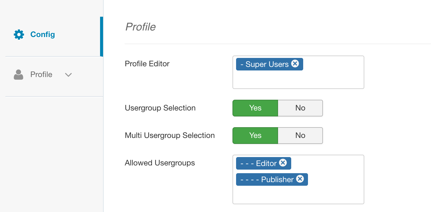 Usergroup selection in JoomProfile Config